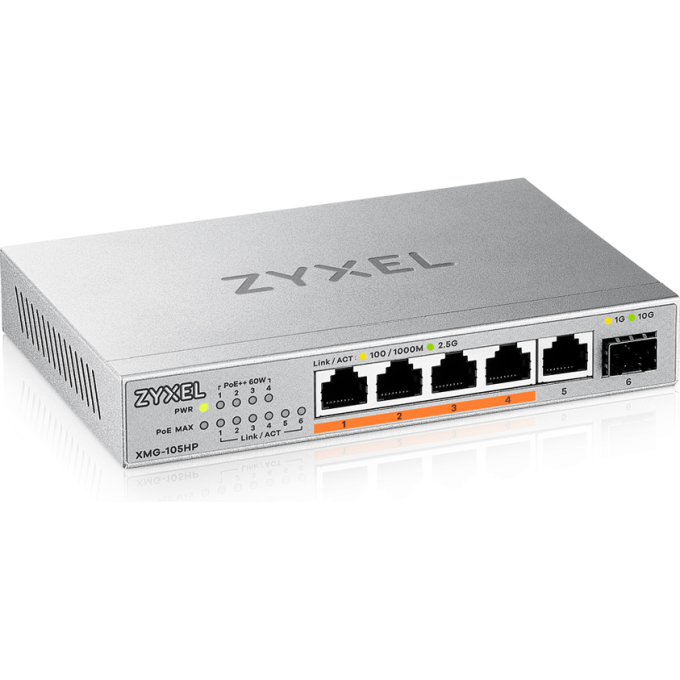 Коммутатор ZYXEL 5x2.5Гбит/с 1SFP+ 4PoE++ 70W неуправляемый XMG-105HP-EU0101F